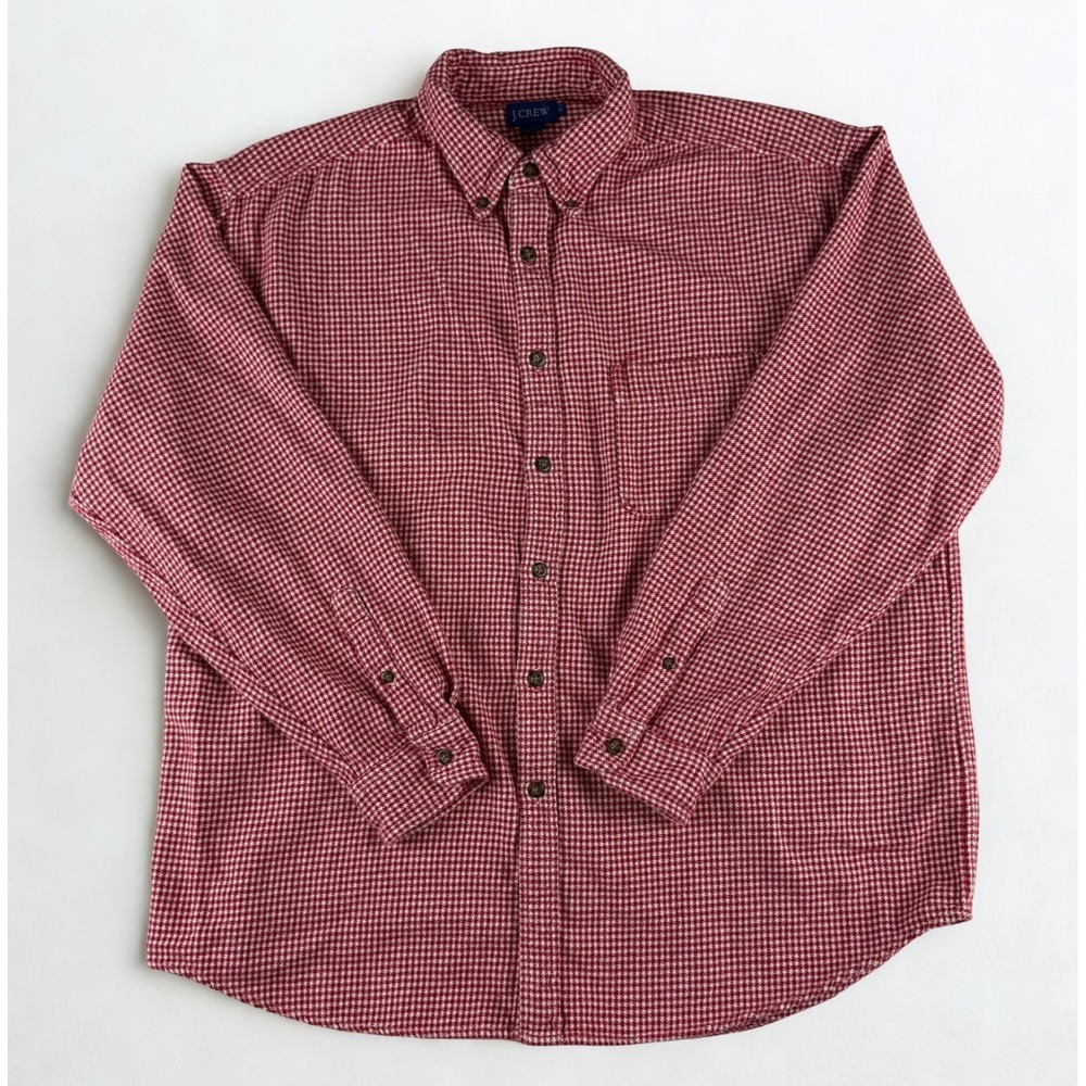 J.Crew Houndstooth Print Shirt Mens L Red White Button Down Long Sleeve Cotton